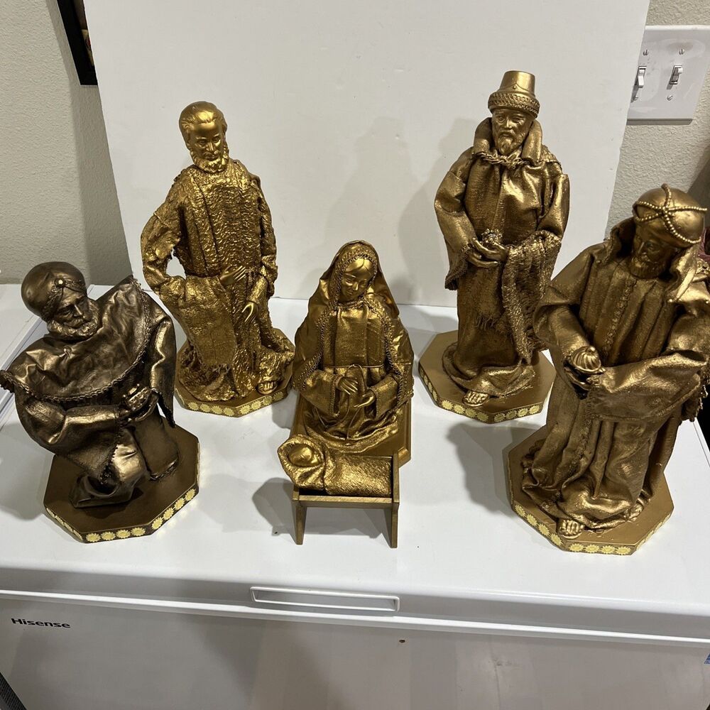 Large Painted Gold Color Fabric Wood Christmas Nativity Set 7 Pcs 16” Tall VTG